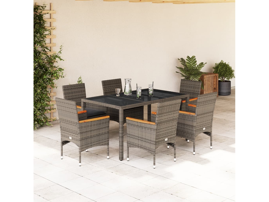 Pcs Conjunto Jantar Jardim C/ Almofadões Vime Pe/vidro Cinza Dkd Home Decor