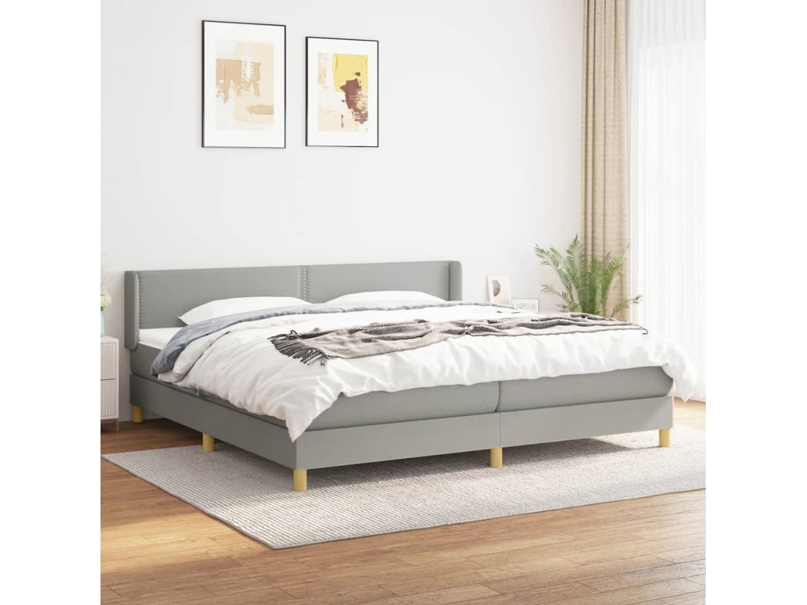 Cama Box Spring Con Colchón Tela Gris Claro 200x200 Cm