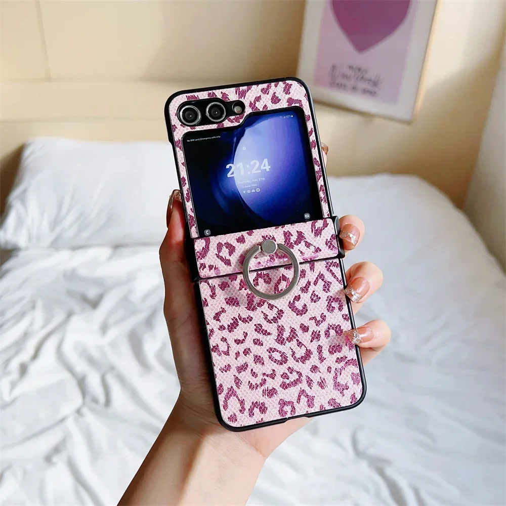 (rosa, Galaxy Z Flip6) Funda De Cuero Personalizada Con Estampado De Leopardo, Resistente A Caídas, Con Soporte De Anillo.