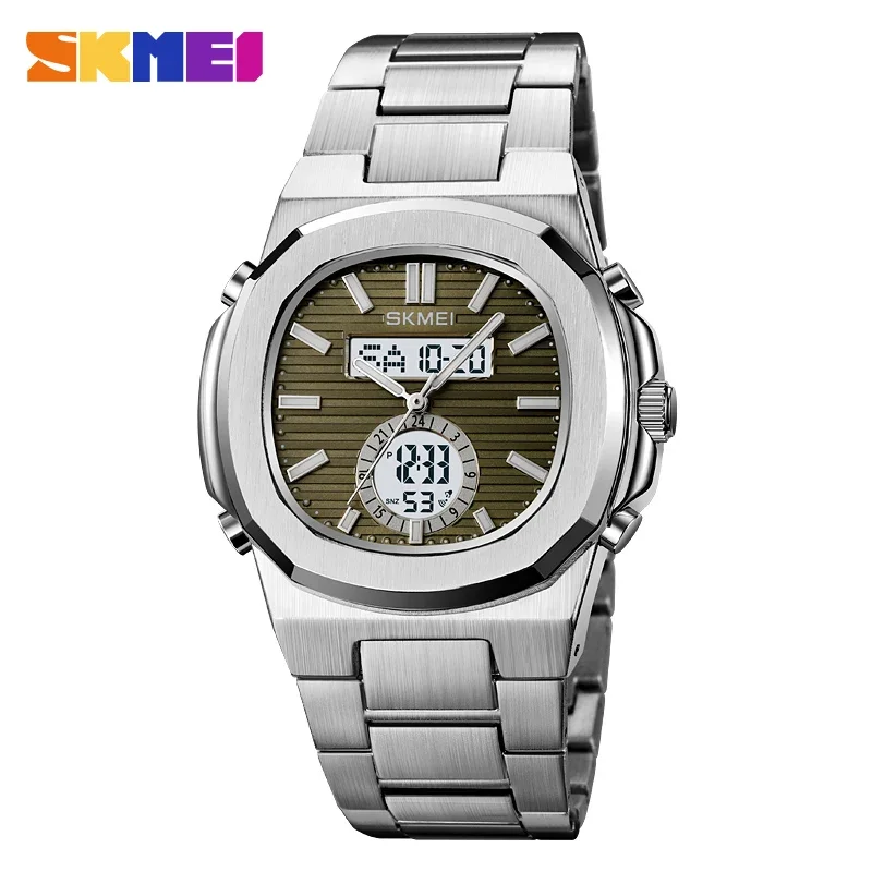 Reloj De Pulsera Resistente Al Agua(plateado Y Verde)con Fecha, Deportivo, De Cuarzo, Moderno, Informal Y Para Negocios, Con 3 Zonas Horarias.