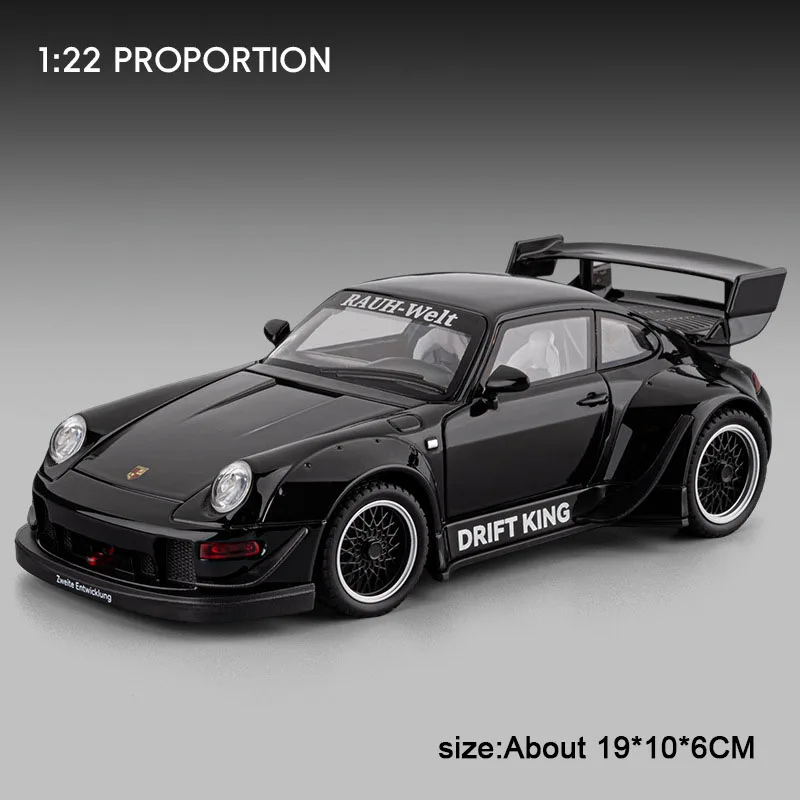 (993 Negro) Escala 1:22 - Coche miniatura de aleación de metal fundido a presión con efectos de sonido y luz.