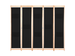 Separador de ambientes con 5 paneles, 200x170x4 cm, tela negra.