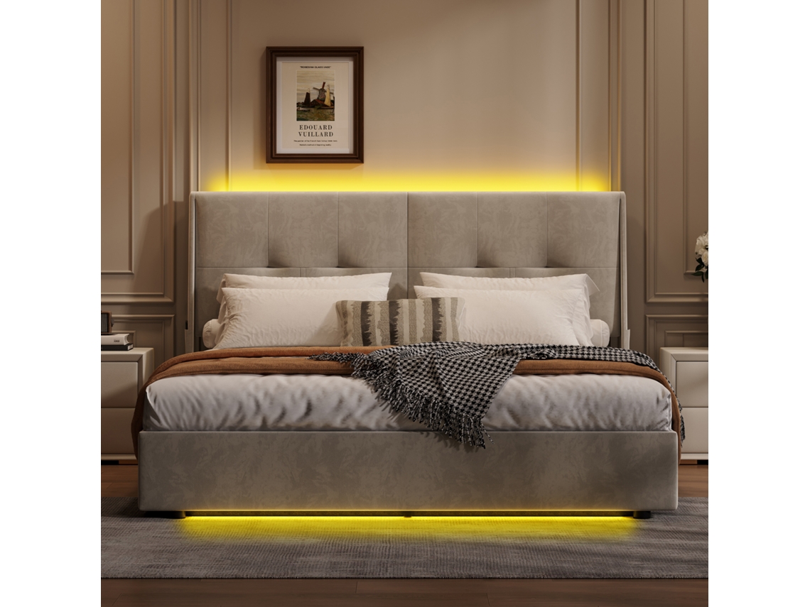 Cama Tapizada 160 X 200 Cm, Cama Doble Con Iluminación Led, Almacenamiento Beige Para Adolescentes Y Adultos, Terciopelo
