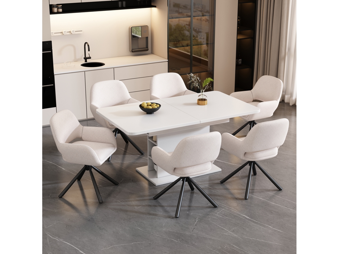 Mesa De Comedor Extensible Con 6 Sillas Sherpa, Patas De Metal, Mesa Rectangular Con Almacenamiento, Blanca