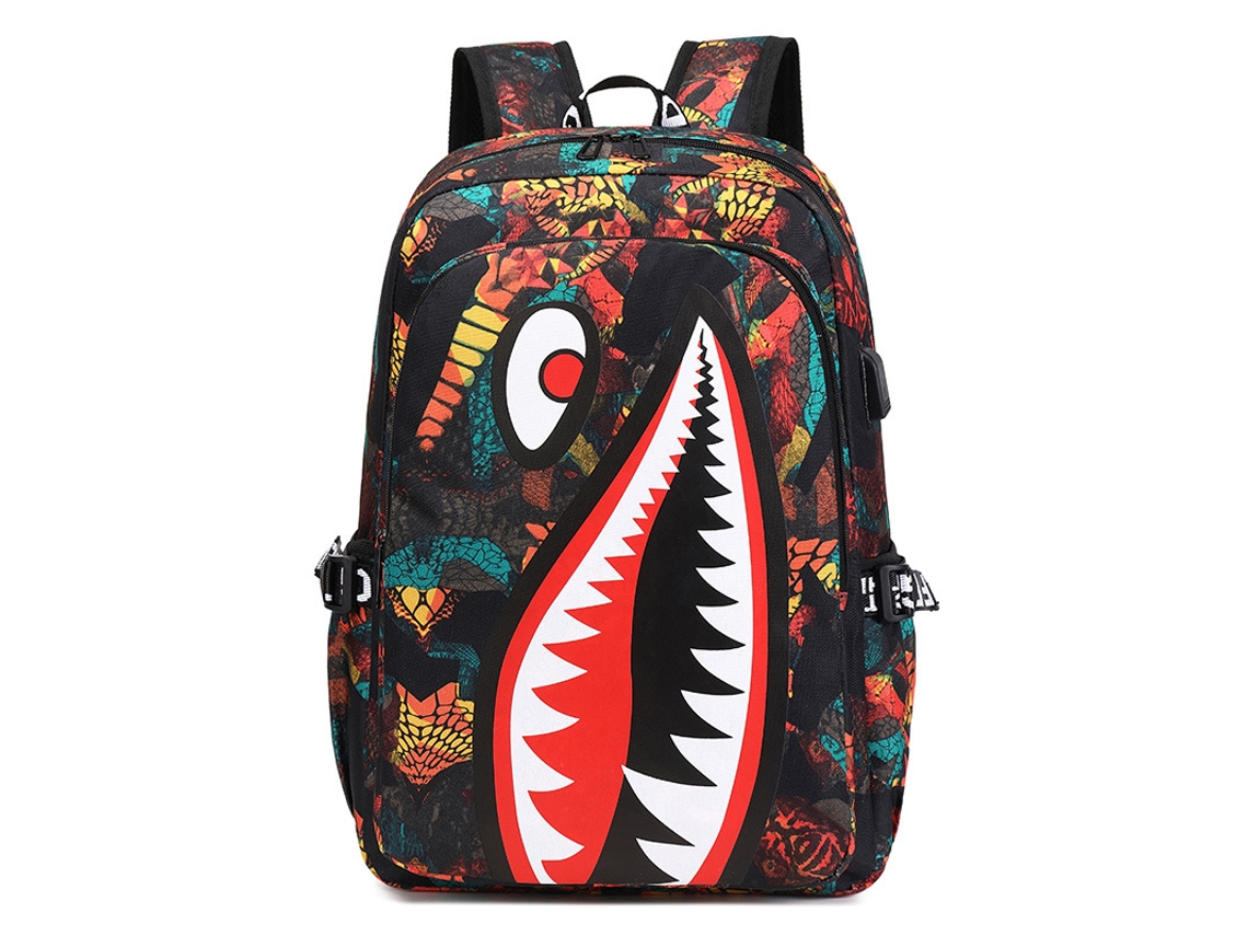 Mochila infantil con estampado de tiburón y puerto USB, marrón, Hexinyigjly