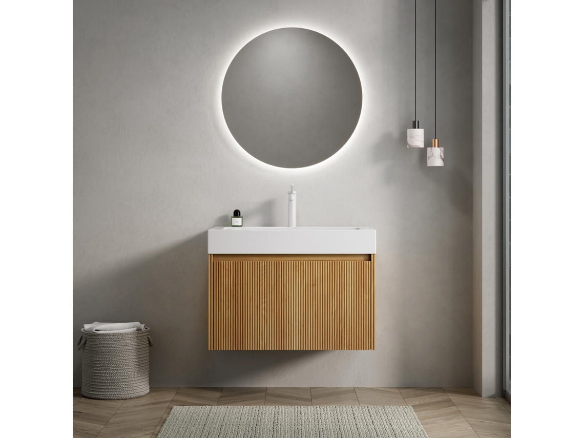 Mueble de baño de pared de 70 cm con lavabo rectangular de resina y mueble de listones con cajón - Premontado - BGA STORE