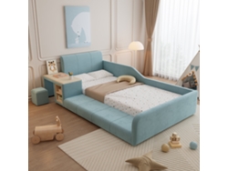 Cama Tapizada, Cama Individual Con Escritorio Y Taburete, Estante, Cabecero Blando, Listones De Madera, Terciopelo, Azul, 90x200cm