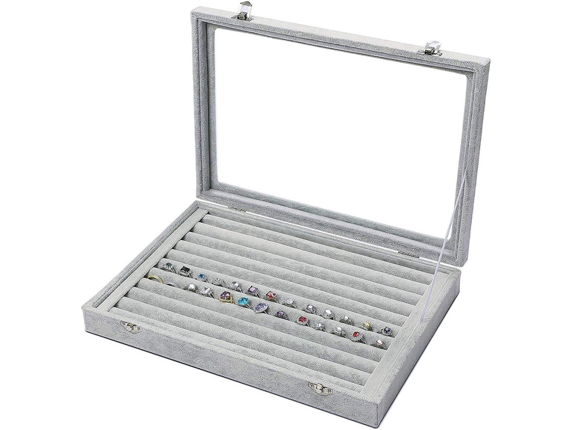 Caja de joyas Caja de terciopelo con tapa de vidrio para anillos y aros Kofihety