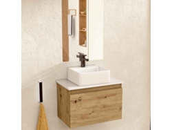 Mueble de baño suspendido con lavabo y espejo de cerámica, mueble con puerta abatible, de 50 x 32 x 30 cm, acabado roble y encimera Bellobath en color blanco.