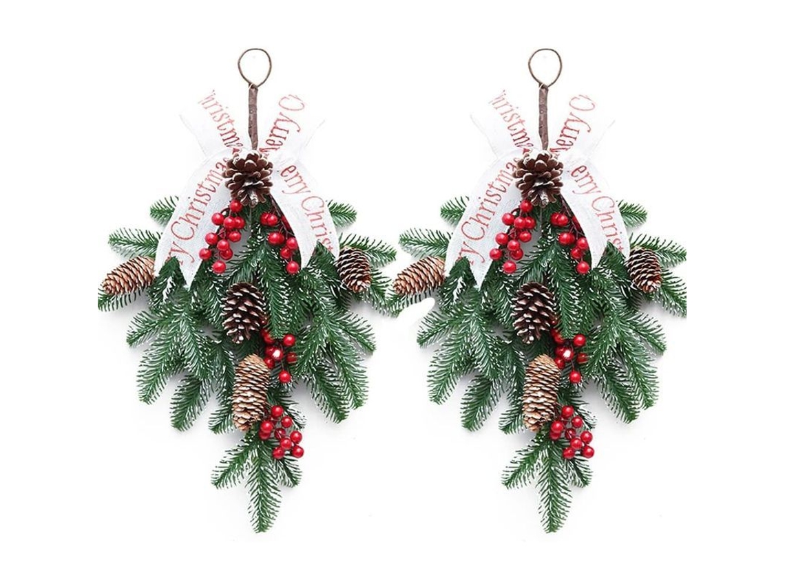 2pcs Guirnalda De Navidad En Forma De Gota Artificial Para Puerta Frontal Con Bayas Y Piñas