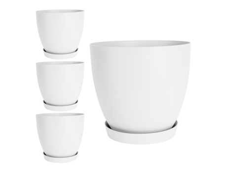 Macetas para Plantas PLASTIKEN Redonda con Platos Incluidos (4 Un - 17.5L - Blanco - 32 x 32 x 29 cm)