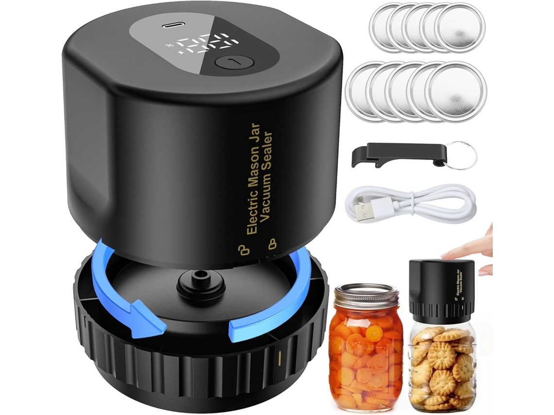 Kit De Sellado Al Vacío Eléctrico Para Frascos Mason Con 10 Tapas Para Frascos Mason De Boca Ancha Y Regular - Negro, Chrui