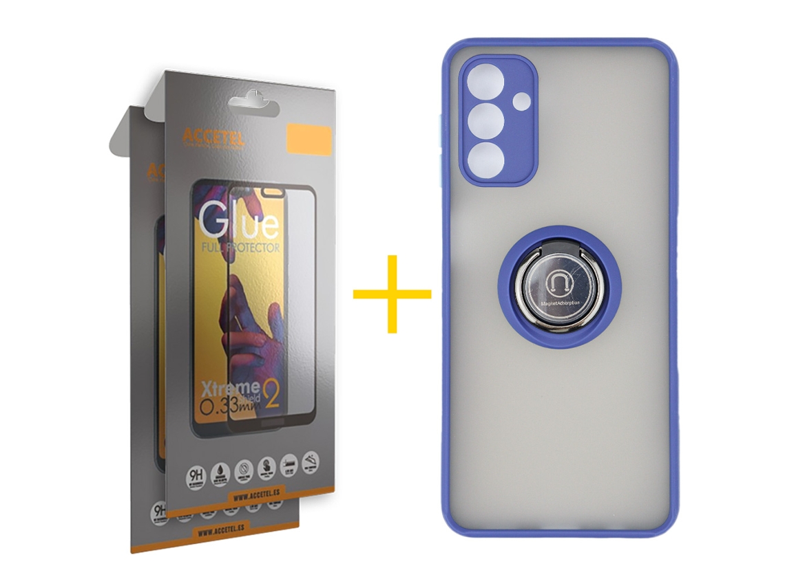 Pack 2 X Película de Vidrio Templado Full + Funda ACCETEL para Samsung Galaxy A26 5G Gel Bumper con Anillo Azul