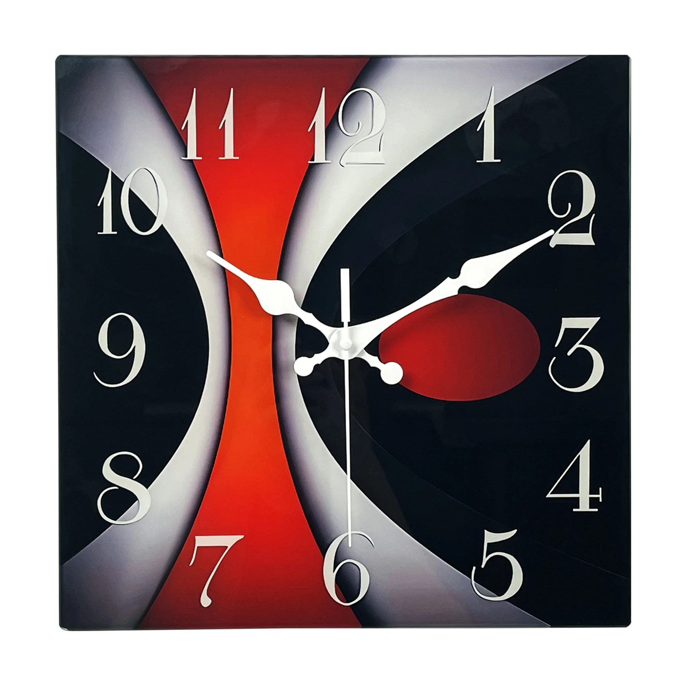 Reloj De Pared De Vidrio Templado Cuadrado Con Patrón Geométrico Abstracto Rojo, Gris Y Negro (16 Pulgadas), Reloj De Cuarzo Silencioso