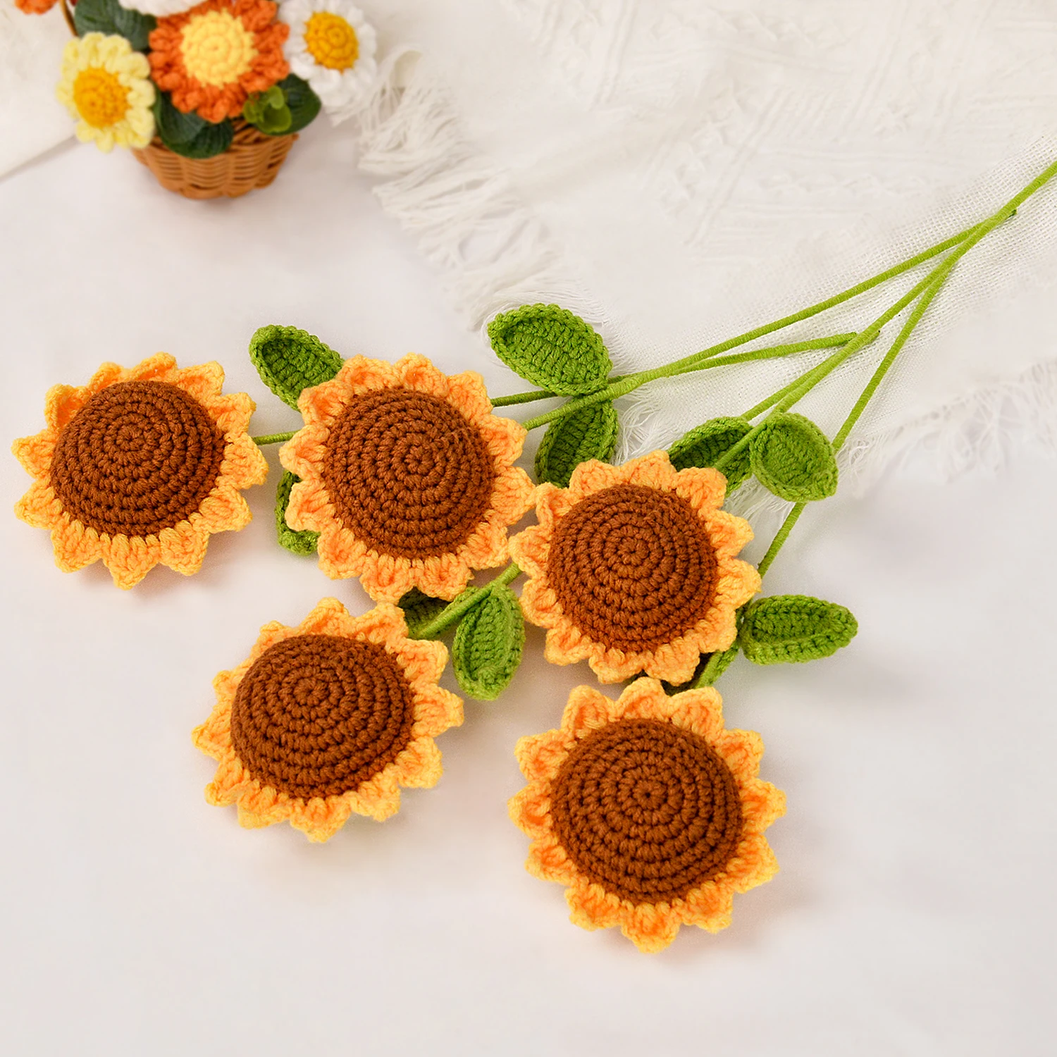 (5 Piezas) Ramo De Girasoles De Ganchillo Hecho A Mano - Ramo De Girasoles De Punto