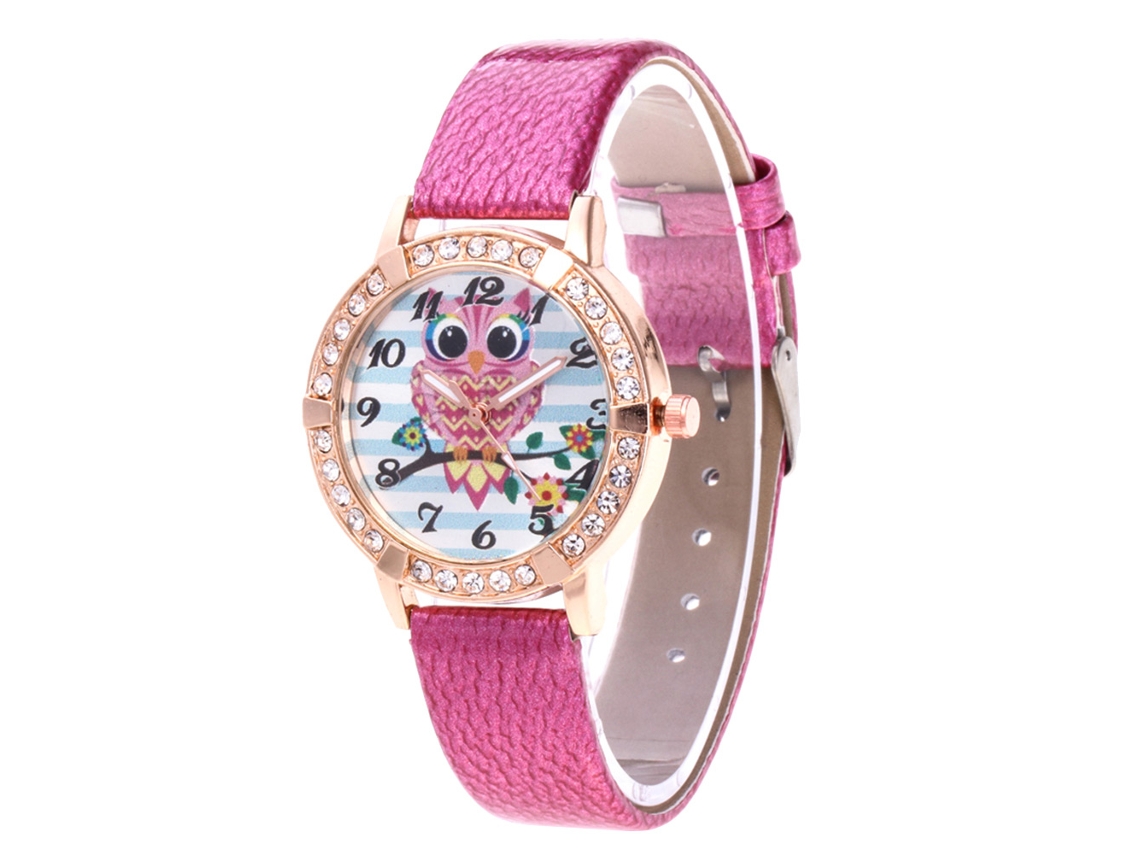 Reloj De Cuarzo Con Correa De Cuero, Estampado De Búho, Nuevo Estilo Para Niñas (rosa Intenso)