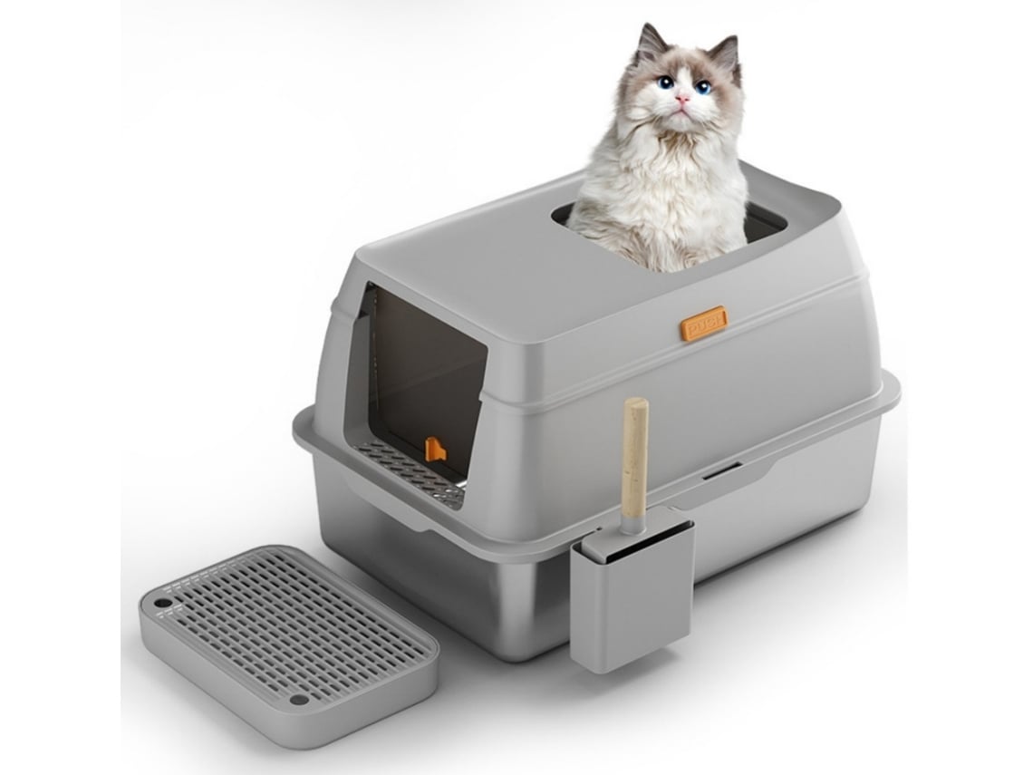 Caja de arena para gatos de acero inoxidable con tapa extra grande cerrada  60 x 40 cm, fácil de limpiar, adecuada para gatos grandes/varios gatos