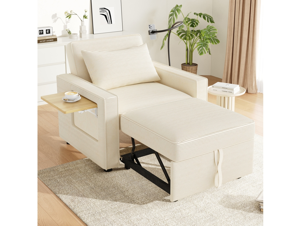 Sofá Cama Multifuncional 1 Plaza - Con Puerto Usb, Soporte Para Teléfono, Tela De Corduroy, Beige