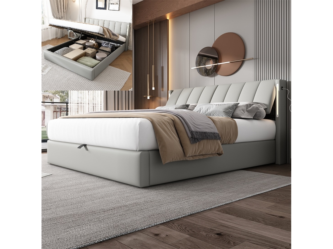 Cama Con Cabecero Y Almacenamiento Tapizada Hidráulica Iluminación Led Espacio Gutent Piel Sintética Gris (160x200)