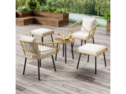 Conjunto De Jardín De 5 Piezas En Ratán Natural Con Mesa Y 2 Sillas, 2 Taburetes Con Cojines, Mobiliario Exterior Para Terraza