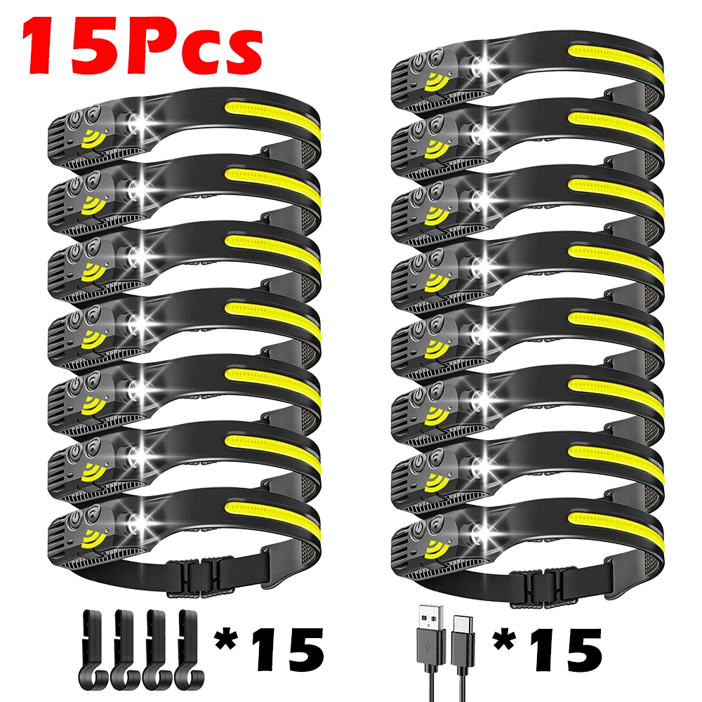 Linterna frontal LED COB con sensor, 5 modos, batería interna, recargable por USB, ideal para uso nocturno en exteriores. Aeuzwr