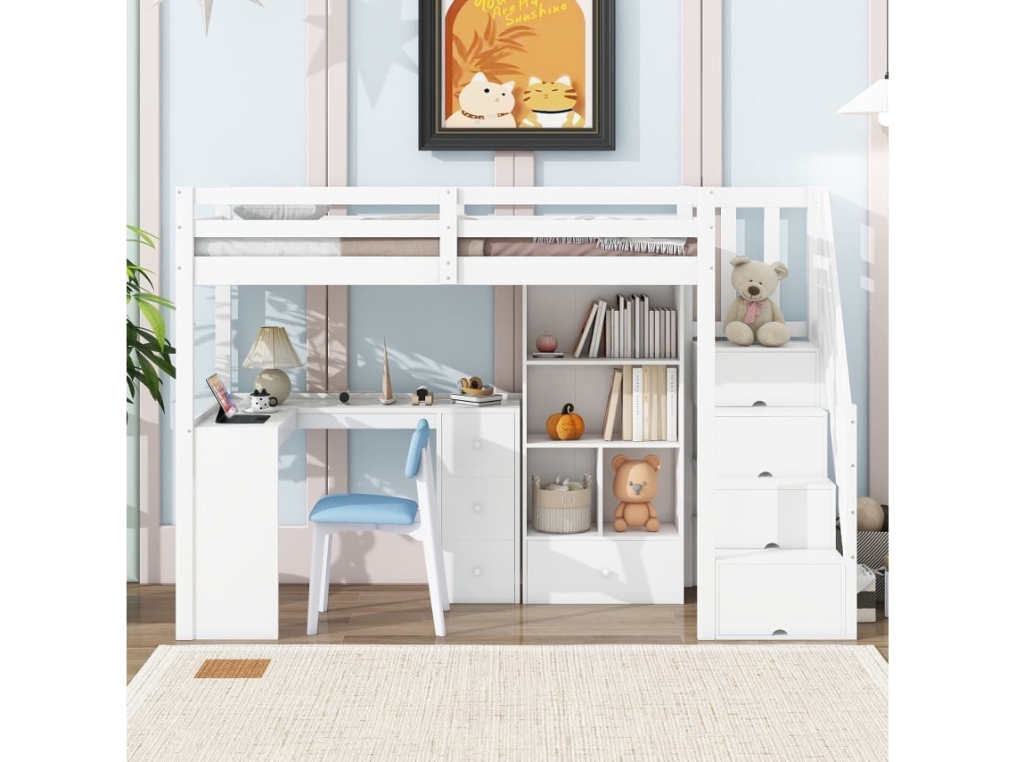 Cama Alta De Madera De 90x200 Cm - Con Escritorio Y Múltiples Espacios De Almacenaje - Blanco