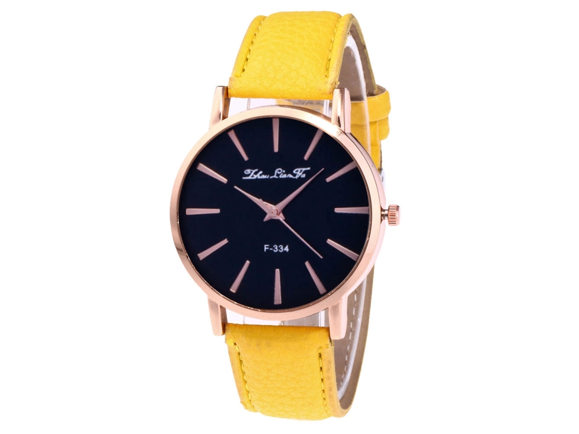 Reloj De Pulsera De Cuarzo Para Mujer Con Correa De Piel Sintética, Estilo Sencillo, Esfera Redonda Amarilla.
