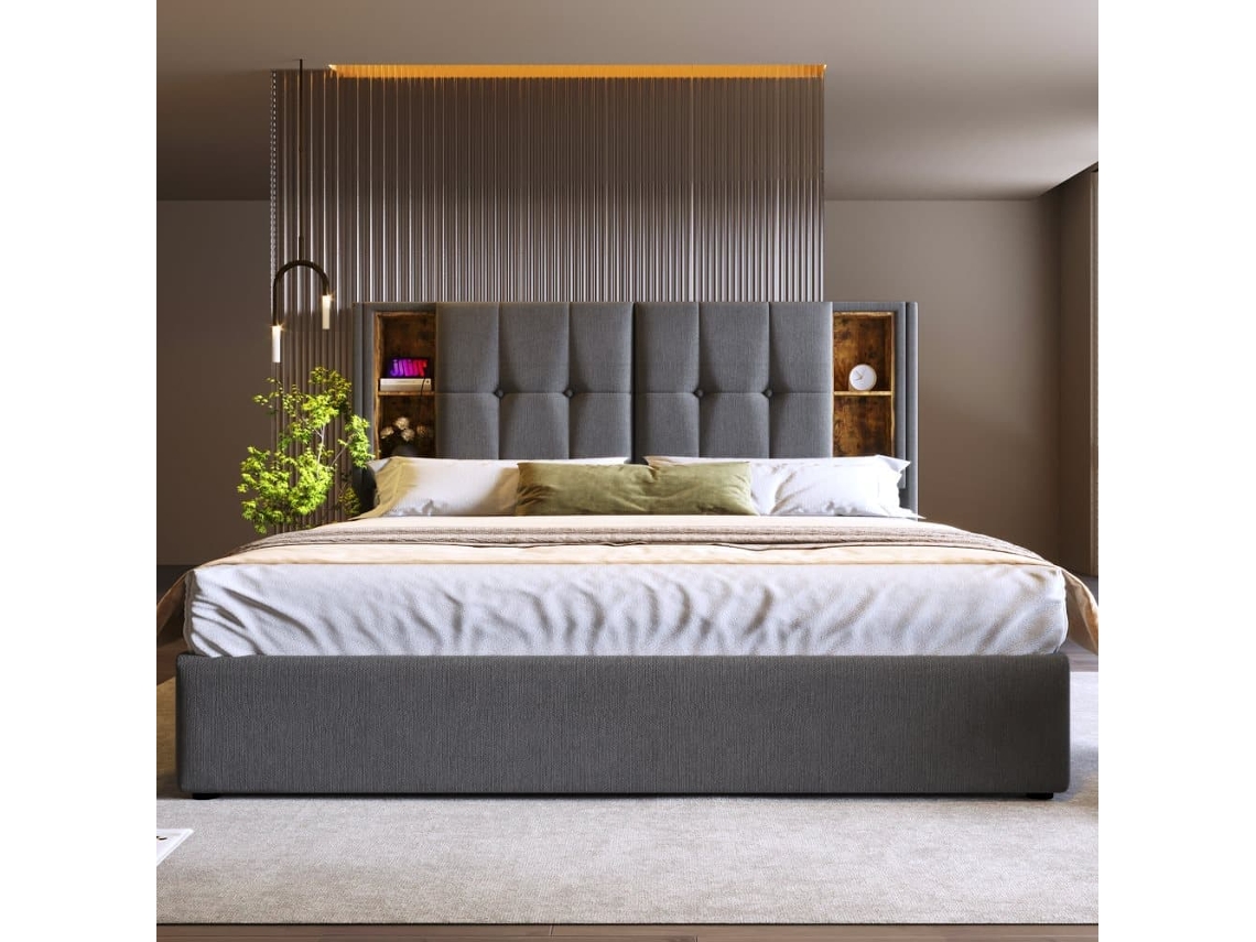 Cama Doble 140x200cm - Cama Tapizada Con Carga Inalámbrica Usb C, Con Almacenamiento, Somier De Madera - Gris Algodón
