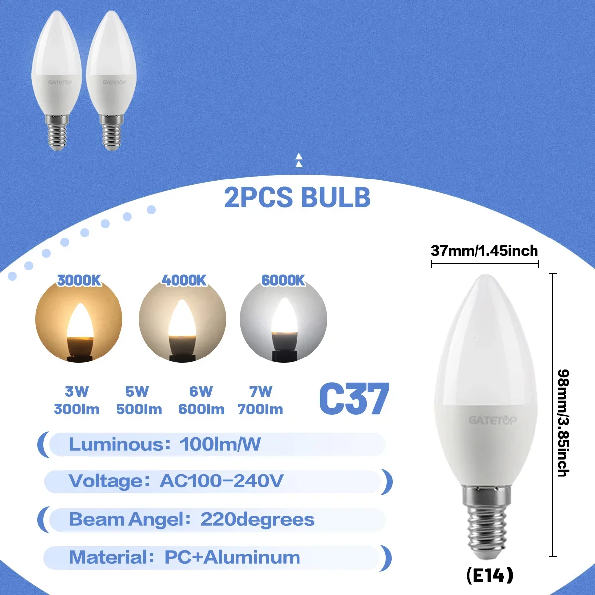 (2 Bombillas, Luz Natural De 4000k) Bombillas Led Tipo Vela E14, Lámparas Colgantes Decorativas, Adecuadas Para Salas De Estar Familiares.