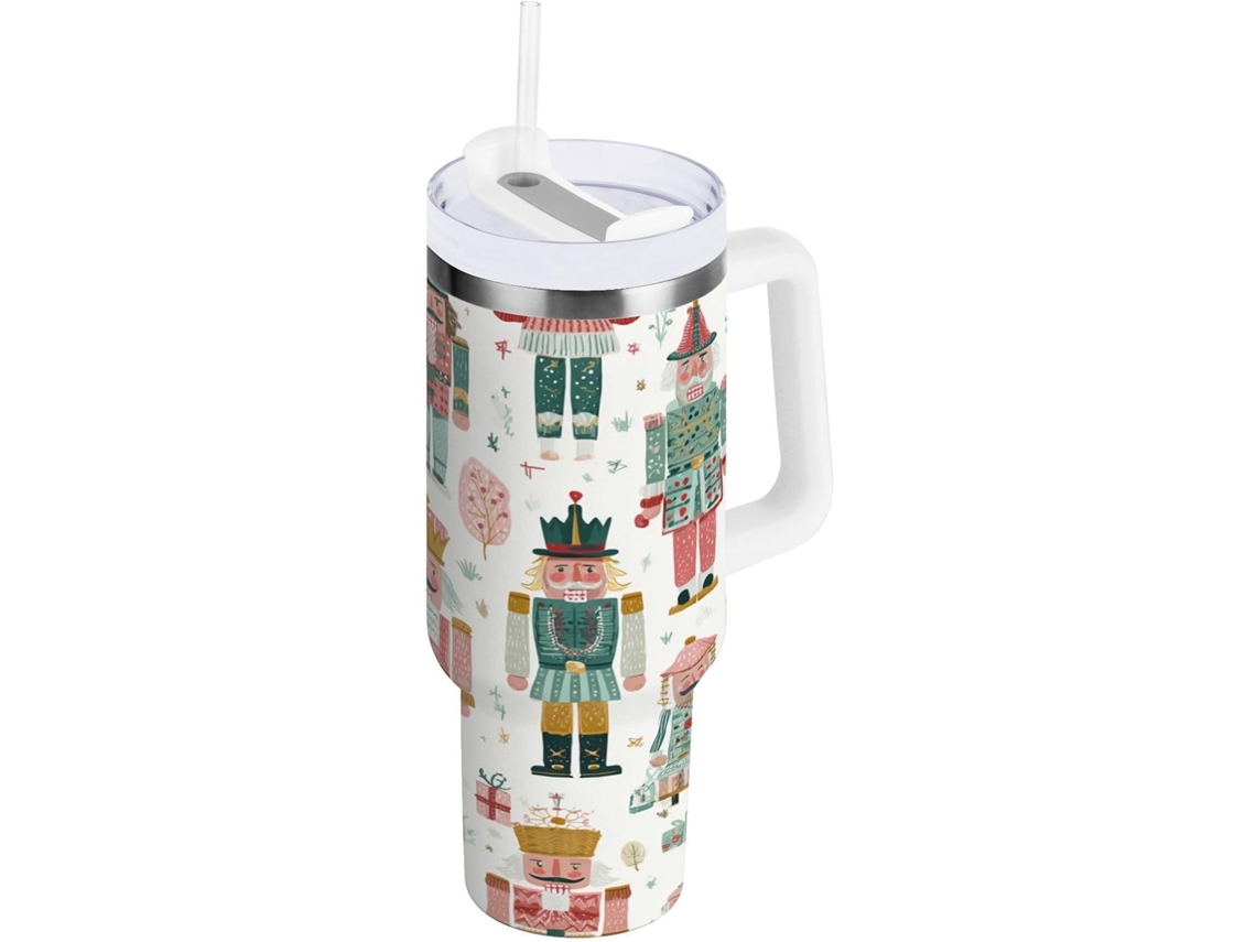 Taza térmica navideña con diseño de cascanueces, 1200 ml, con pajita y tapa aislante de acero inoxidable con asa (sin marca).
