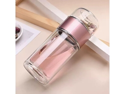 Botella de agua de vidrio de borosilicato de 420 ml con filtro y vaso de doble pared. Mdug (rosa)