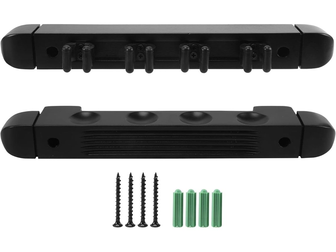 Soporte De Pared De Madera Dura Para Tacos De Billar De 4 Agujeros Con 6 Clips Y Soporte Para Accesorios.