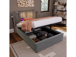 Cama Individual 90x200 Cm, Cabecero, Almacenamiento, Led, Usb, Cajones, Terciopelo Gris, Colchón No Incluido.