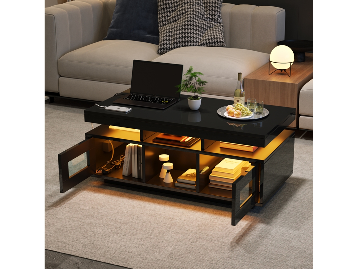 Mesa De Centro De 100 × 50 × 43 Cm, Con Luces Led Controlables Mediante Aplicación Móvil, Con Armario, Puerto De Carga Y Toma De Corriente.