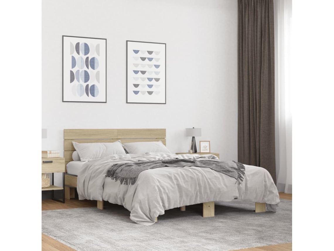 Estructura Cama Madera Ingeniería Metal Roble Sonoma 140x200 Cm