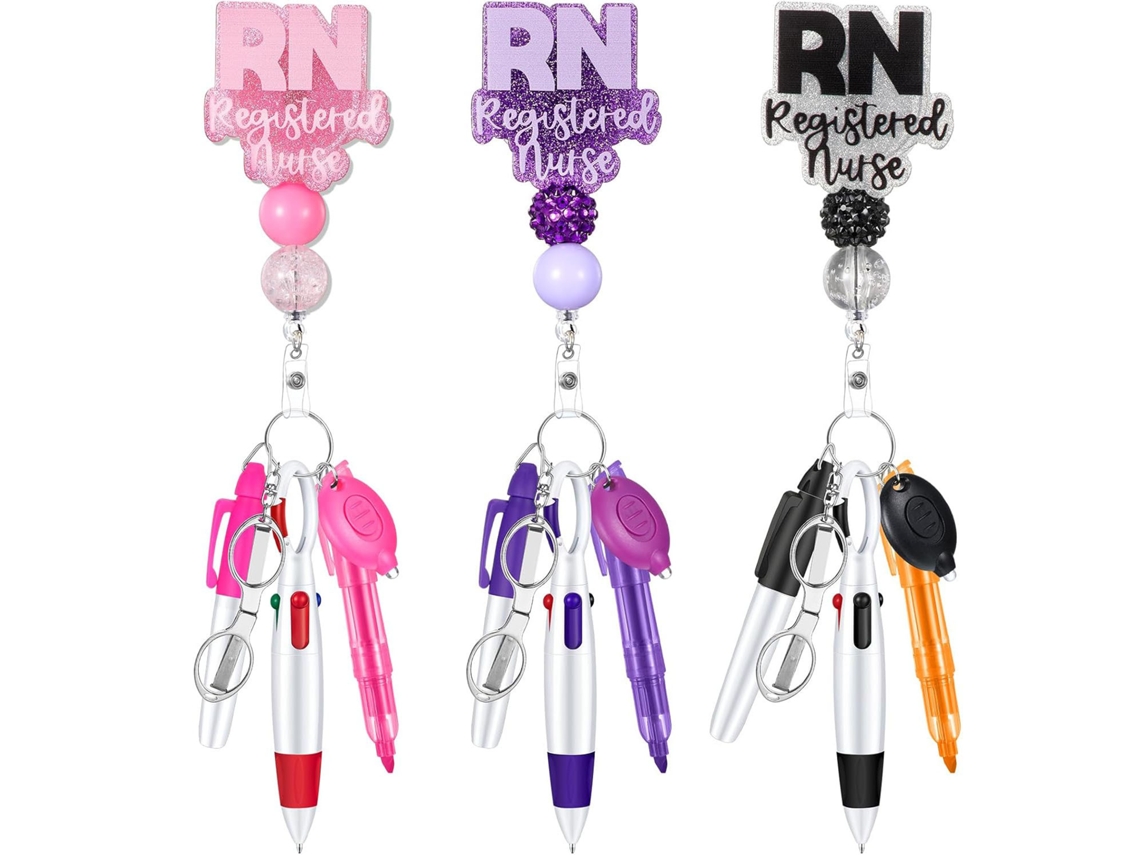 Porta credencial retráctil Eifson para enfermera, bolígrafo con correa, llavero y clips para credencial (rosa)