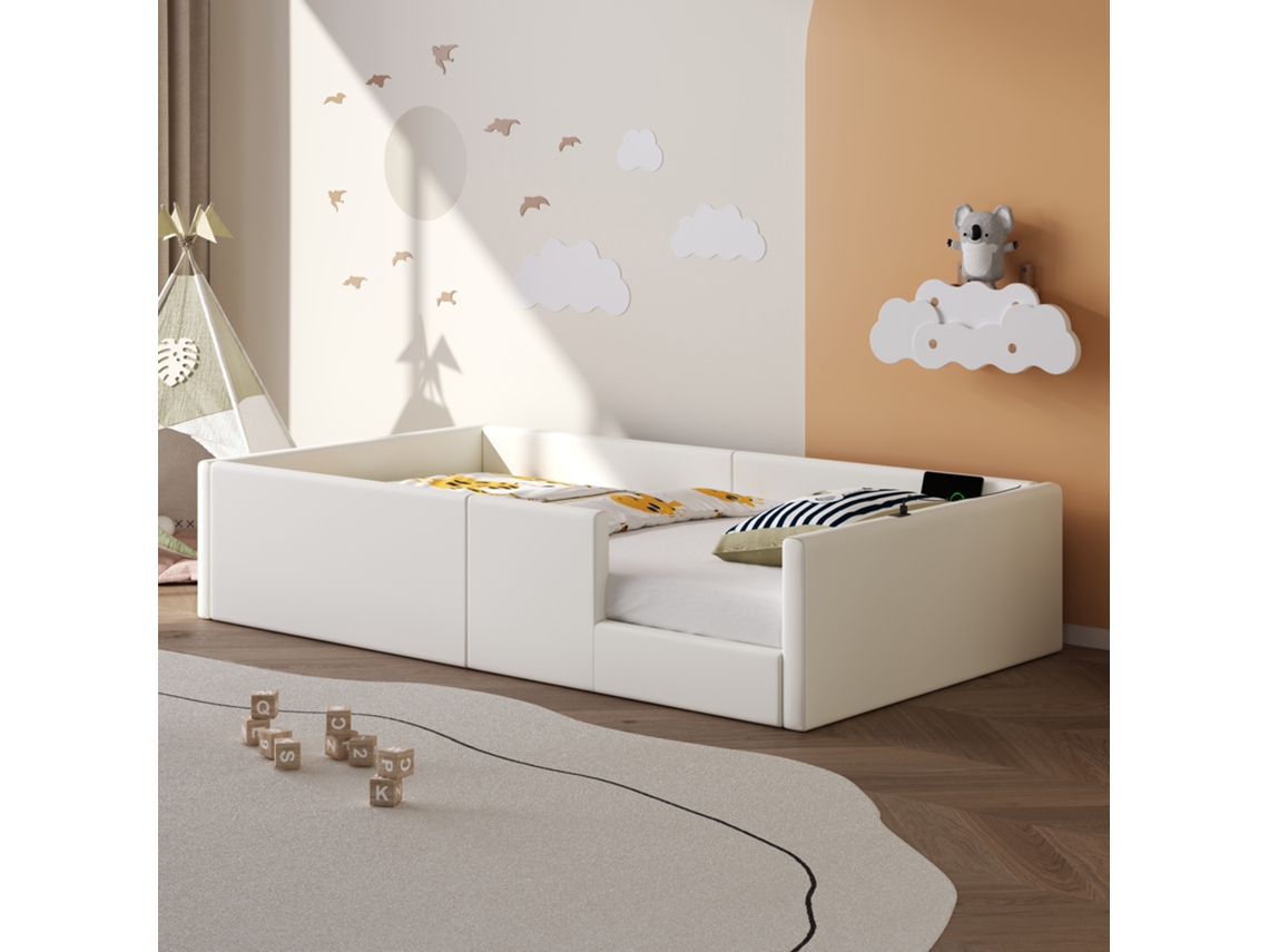Cama Plataforma 90x200 Tapizada con Barandilla y Estación de Carga, Blanco, Mobrio
