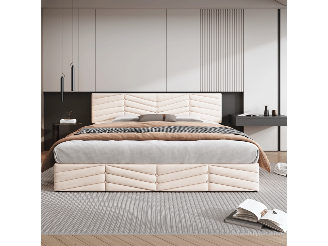 Sofá Cama 160x200cm, Hidráulico, Terciopelo Rayado, Cabecero Ajustable, 300kg, Botones Decorativos, Beige