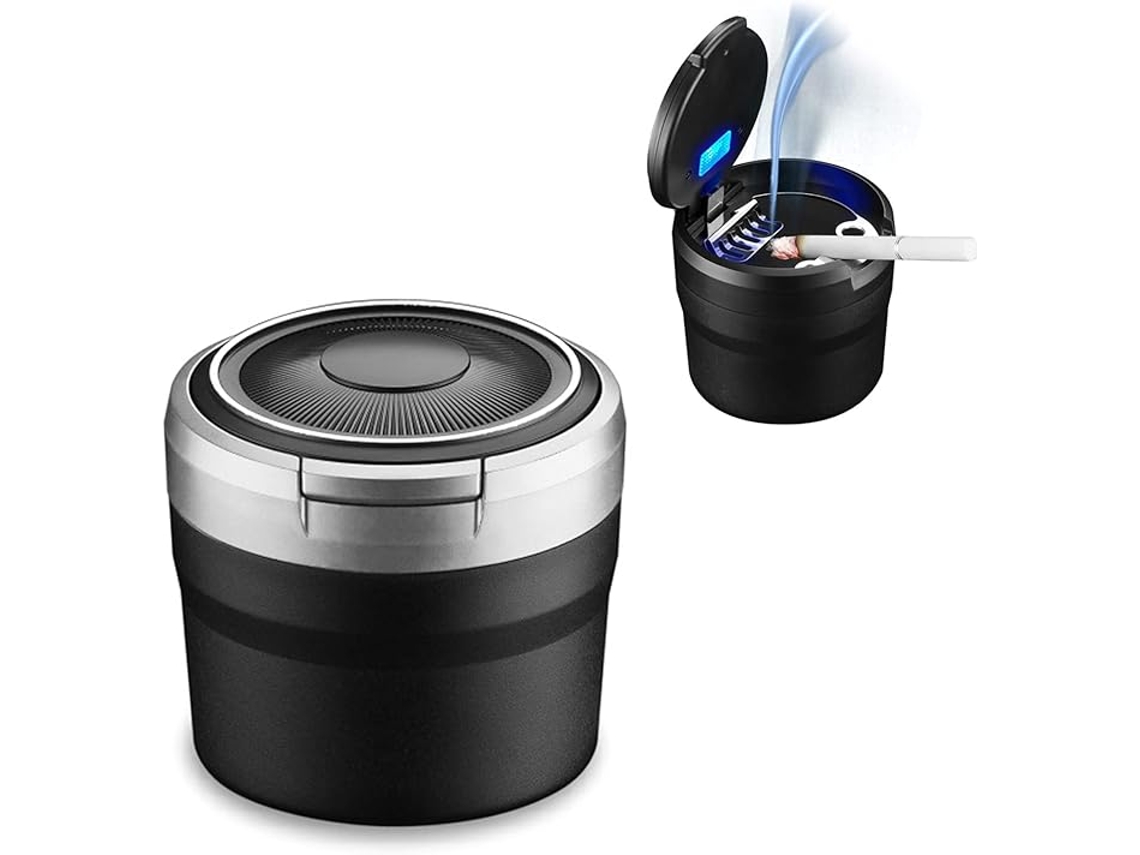 Cenicero extraíble para coche con luz LED y tapa abatible. Cenicero autoextinguible para coches, camping y uso en exteriores. ZYBLSSBB