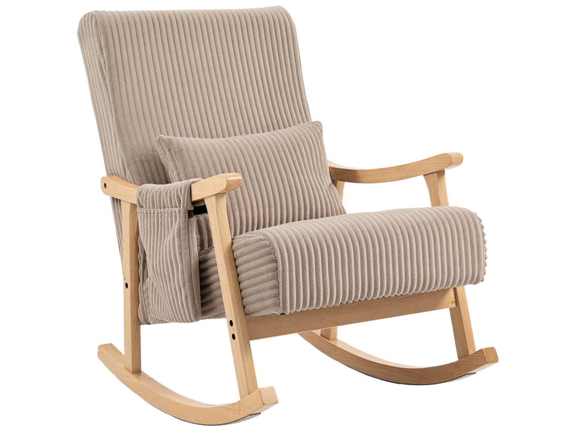Silla Mecedora De Pana Con Cojín Lumbar Patas Y Reposabrazos De Madera De Caucho Bolsillo Estilo Moderno Marrón Claro