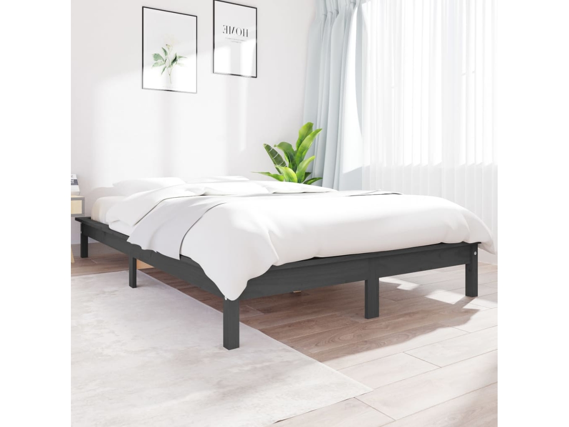 Estructura De Cama Doble Sin Colchón Madera Maciza Gris