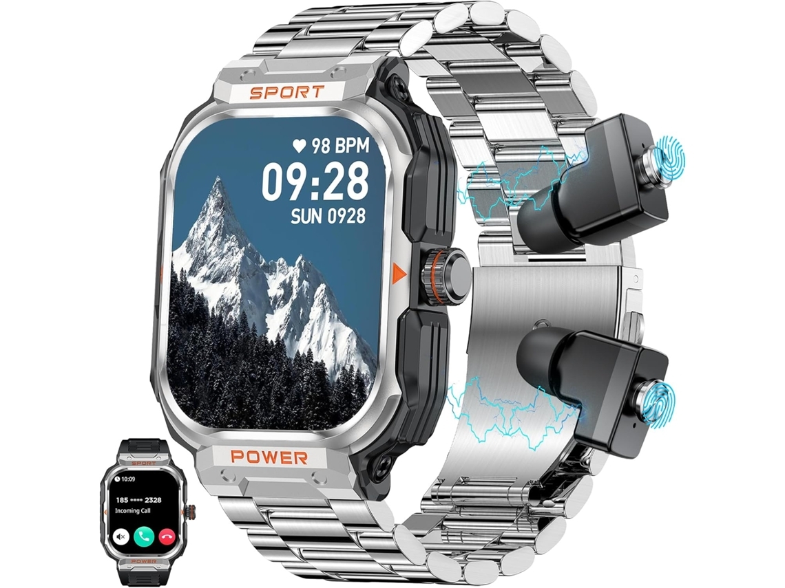 Reloj inteligente militar para hombre con auriculares TWS, llamadas Bluetooth, deportes al aire libre, monitor de actividad física y monitor de canales.