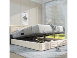 Cama contenedor de terciopelo con somier de láminas y cabecero ajustable - 140 x 200 cm - Beige