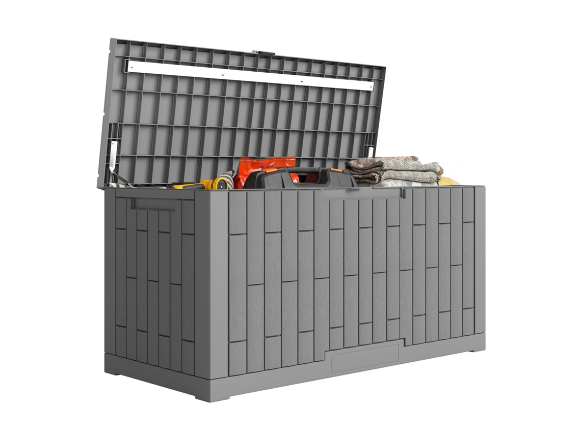 Caja De Almacenamiento Exterior De 379 L Con Cierre De Resorte De Gas, Madera Gris, 122,5 X 56 X 62 Cm.