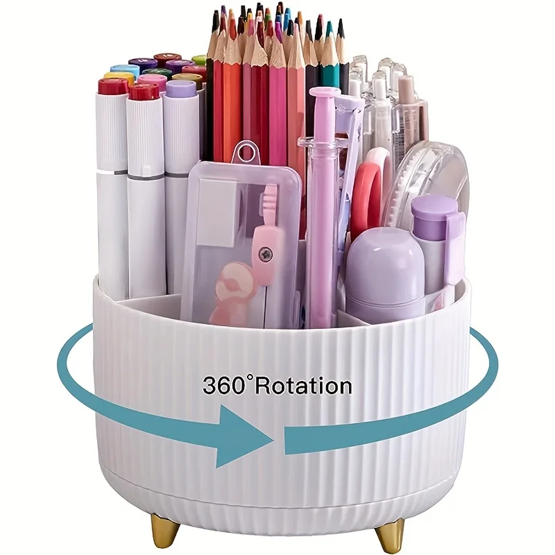 (blanco) Portalápices De Escritorio, Portalápices, 5 Ranuras, Estante De Almacenamiento De Escritorio Giratorio 360°