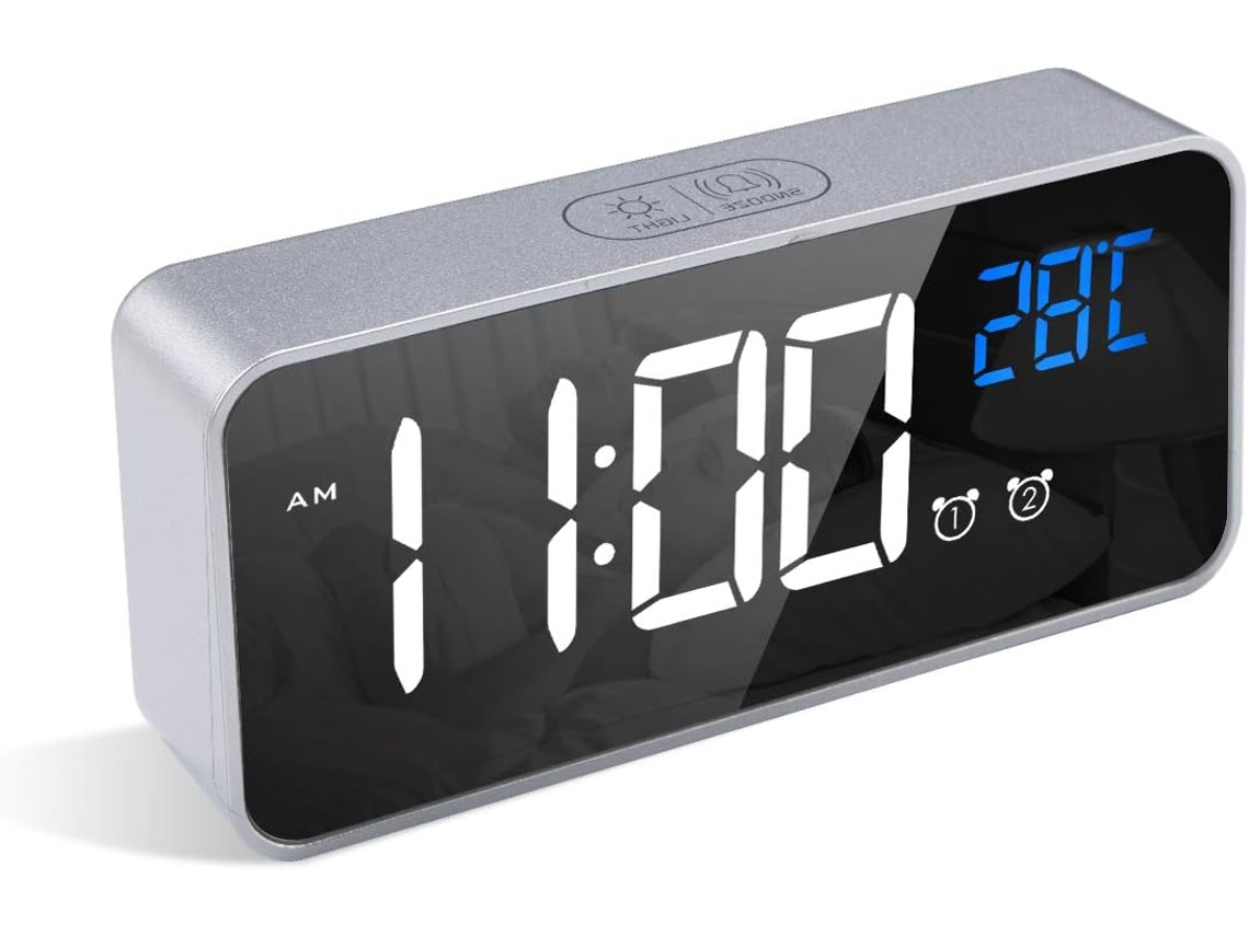 Reloj digital para dormitorio y sala de estar, despertador LED con brillo ajustable y función de repetición, pantalla de espejo con diseño elegante y sencillo, cerradura de puerta.
