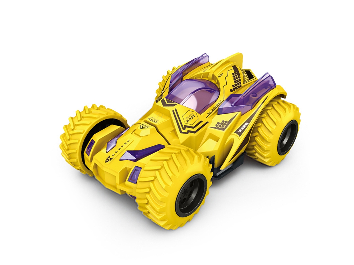 Coche de juguete de cuatro ruedas, inercia, doble tracción, gira y se mueve tras una colisión. Mdug (amarillo y morado).