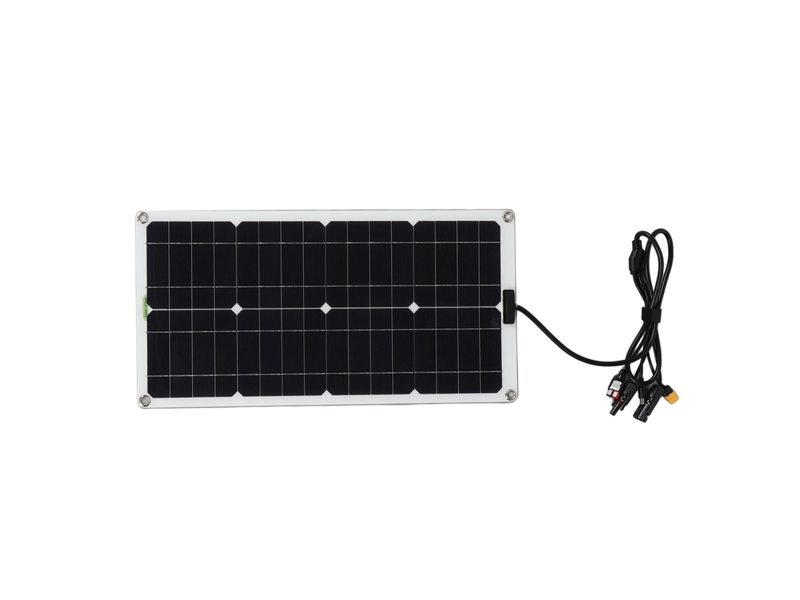 Panel solar de silicio monocristalino de 100 W con interfaz multifunción para camping, uso doméstico y emergencias.
