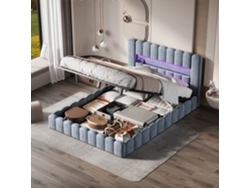 Cama moderna tapizada, modelo Bubble Bed, con puertos de carga USB e iluminación LED, 180x200cm, lino, gris claro, colchón no incluido.