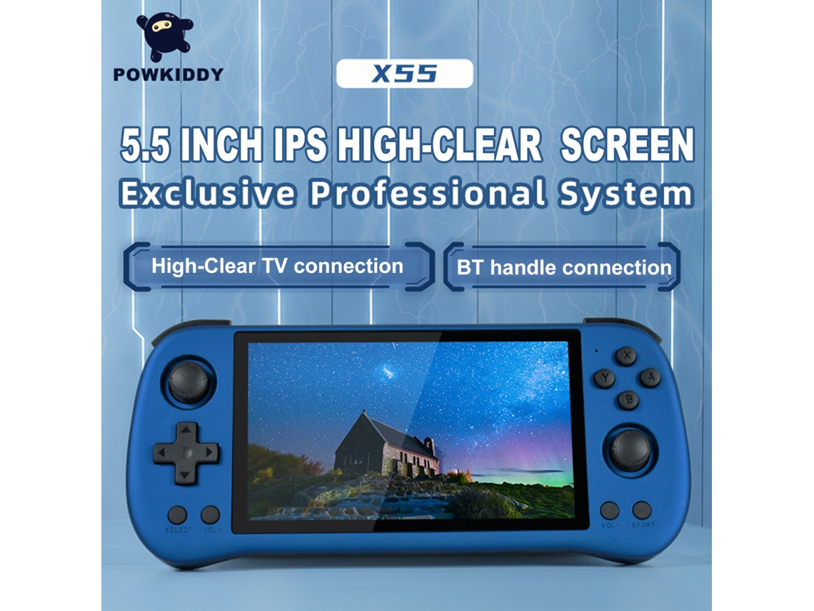 Consola portátil Powkiddy de 5,5 pulgadas con pantalla nítida, sistema exclusivo y batería de larga duración.